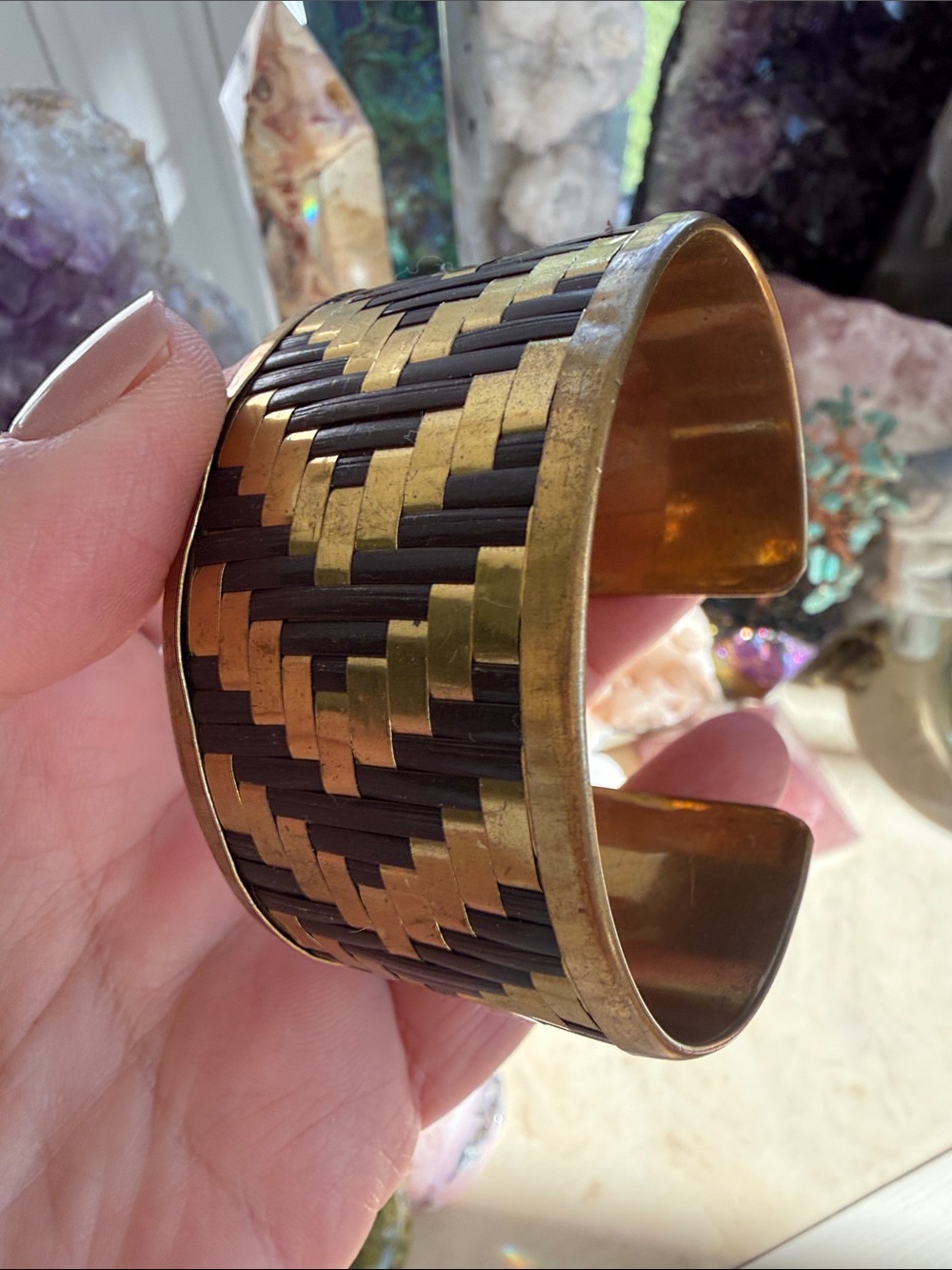 Brass and Dark Brown Woven Metal Cuff Bracelet